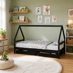 Kids Bed Frame with Storage Drawers House Design Solid Pine Wood 90x190cm Black
