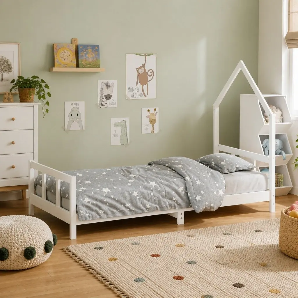 Kids Bed Frame White 92x187cm Single Solid Pine Wood House Bed