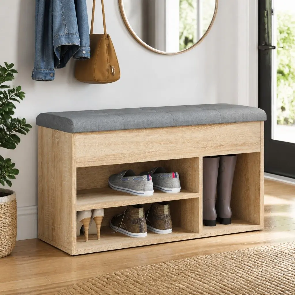 Shoe Bench Storage Padded Seat Brown