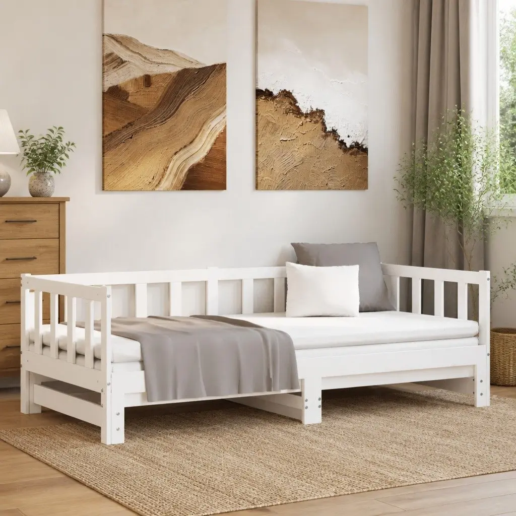 Day Bed 90x190 cm Solid Wood Slatted Base White Pull-Out Trundle