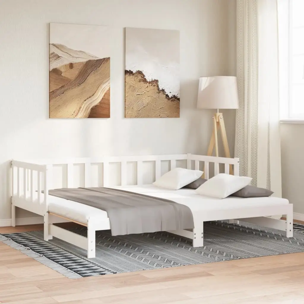 Day Bed 90x190 cm Solid Wood Slatted Base White Pull-Out Trundle