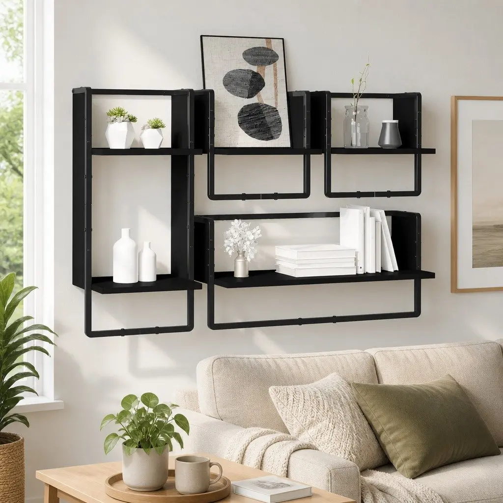 Wall Shelf Set 4 Piece Floating Display Shelves with Bars Black