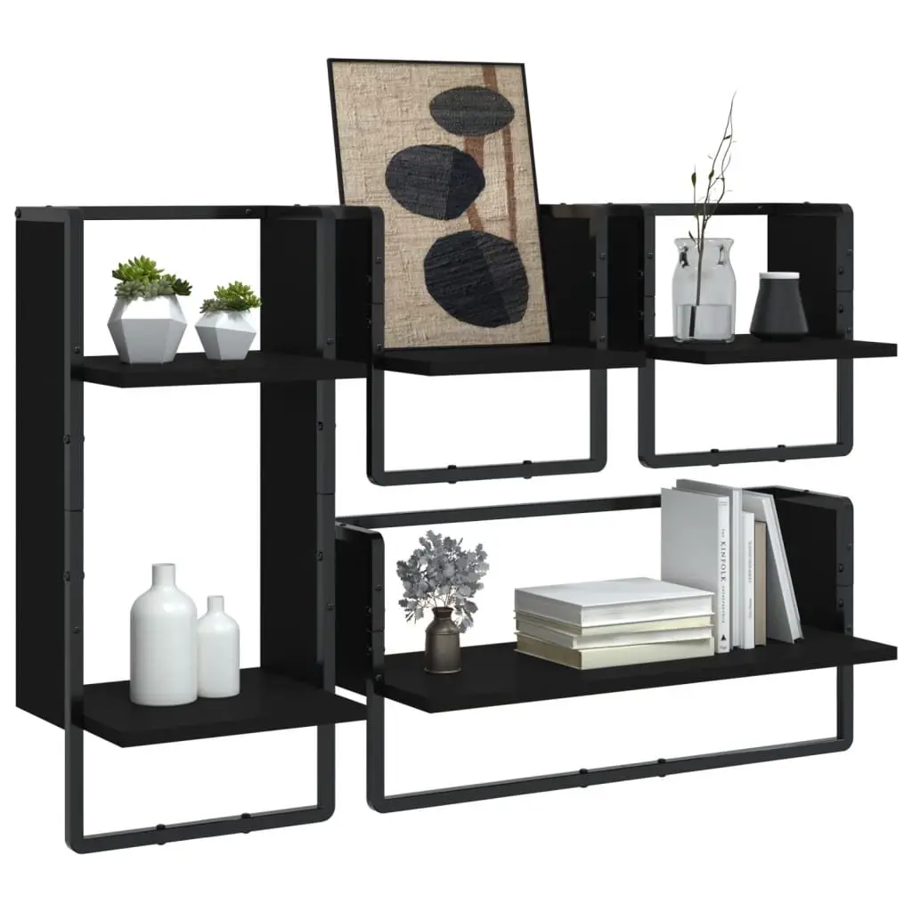 Wall Shelf Set 4 Piece Floating Display Shelves with Bars Black