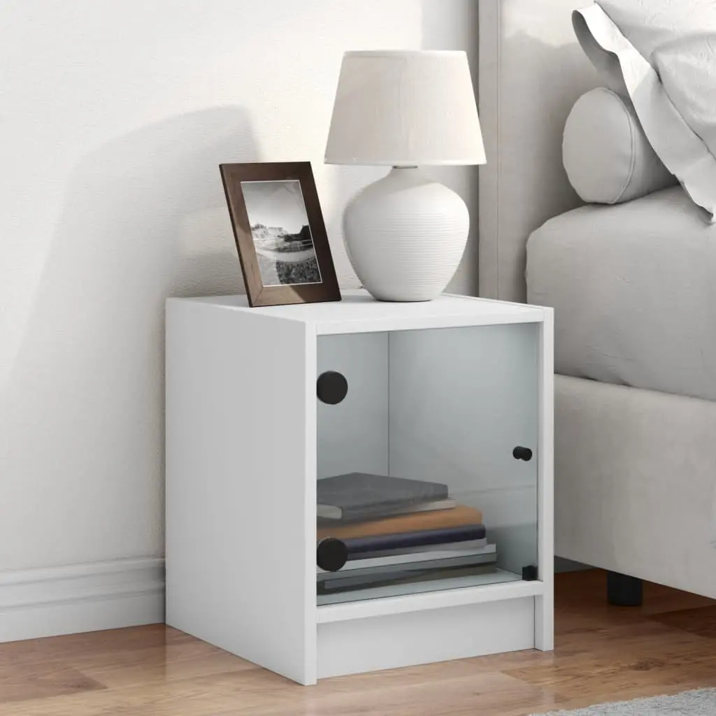 Bedside Cabinet White Glass Door Storage Nightstand Furniture