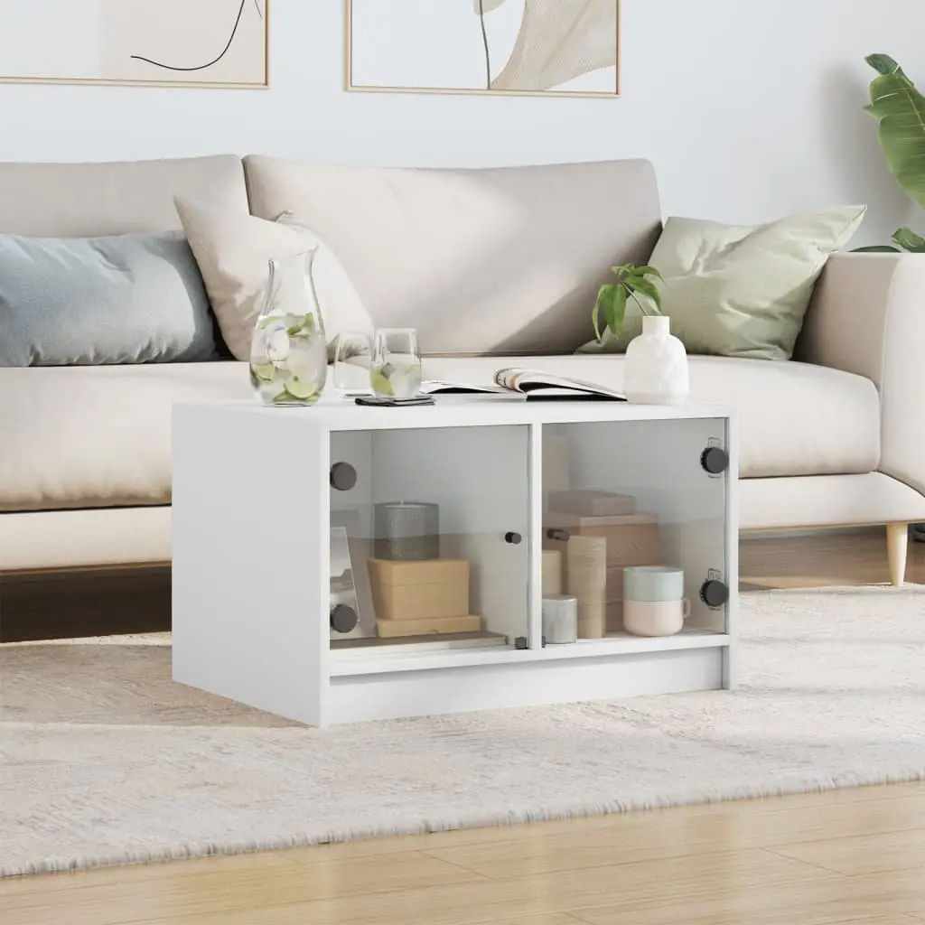 White Coffee Table 68x50x42cm Glass Doors Storage Living Room Furniture