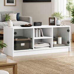 White TV Cabinet with Glass Doors Media Storage Unit 102x37x42 cm