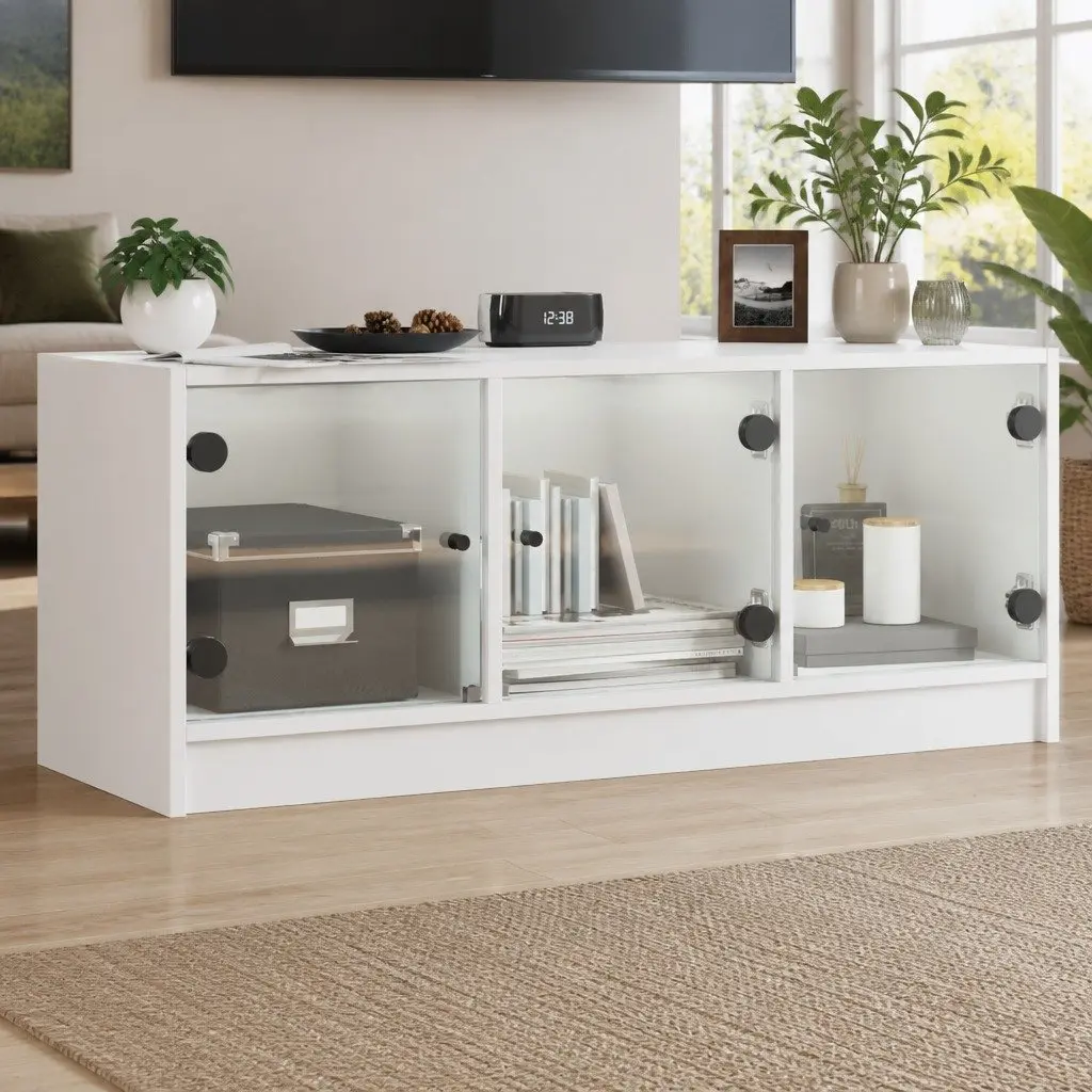 TV Cabinet 102x37x42cm White Glass Doors Storage Unit Media Stand