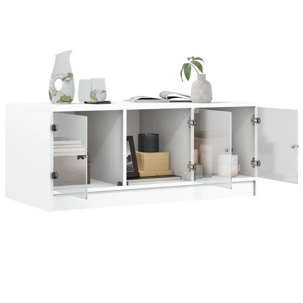 White Coffee Table with Glass Doors Storage Display for Living Room Furniture