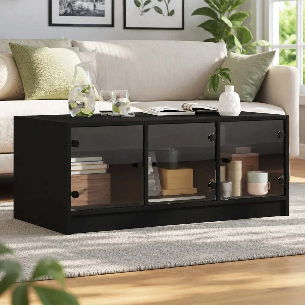 Black Coffee Table with Glass Doors Storage Modern Accent Living Room Furniture