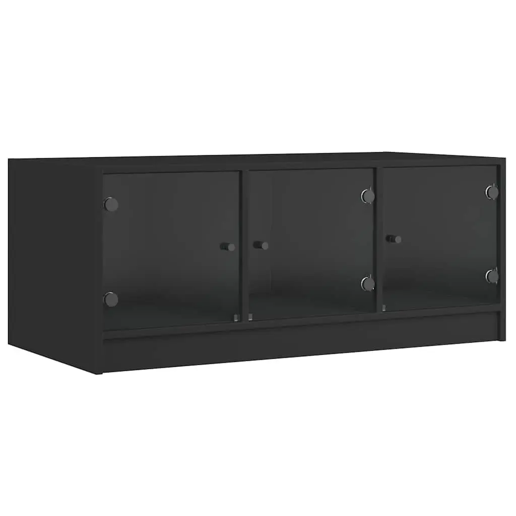 Black Coffee Table with Glass Doors Storage Modern Accent Living Room Furniture