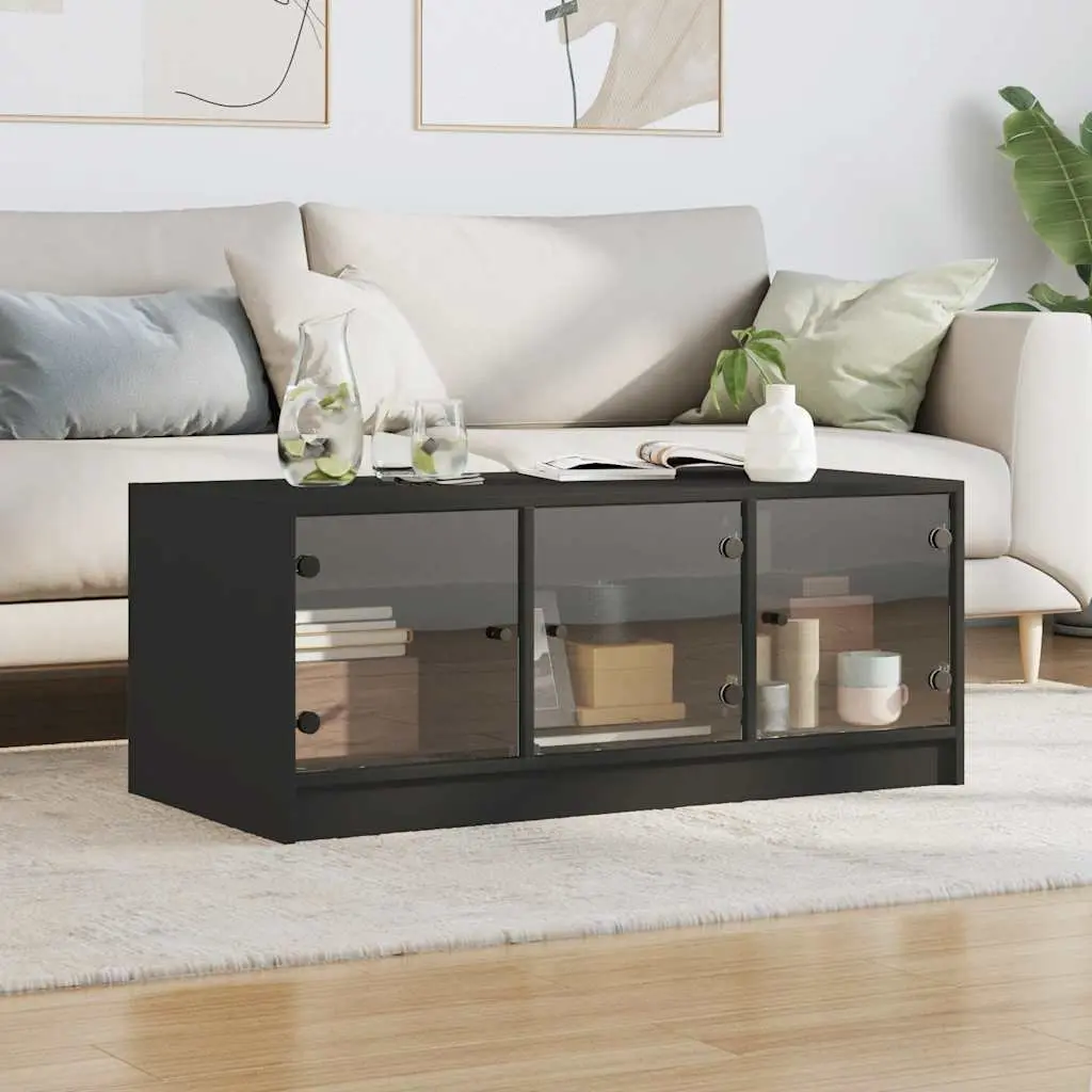 Black Coffee Table with Glass Doors Storage Modern Accent Living Room Furniture