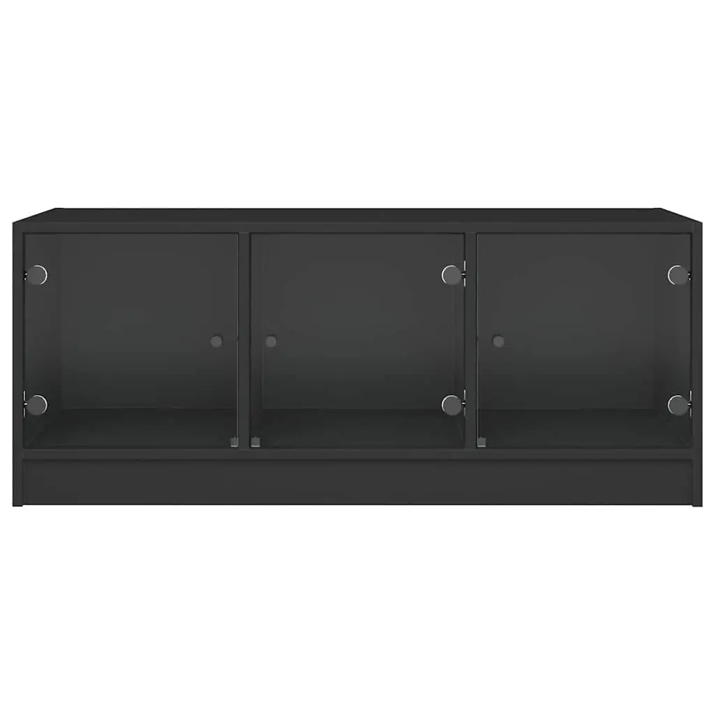 Black Coffee Table with Glass Doors Storage Modern Accent Living Room Furniture