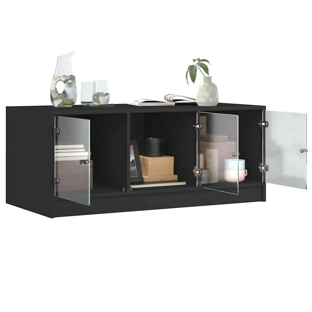 Black Coffee Table with Glass Doors Storage Modern Accent Living Room Furniture