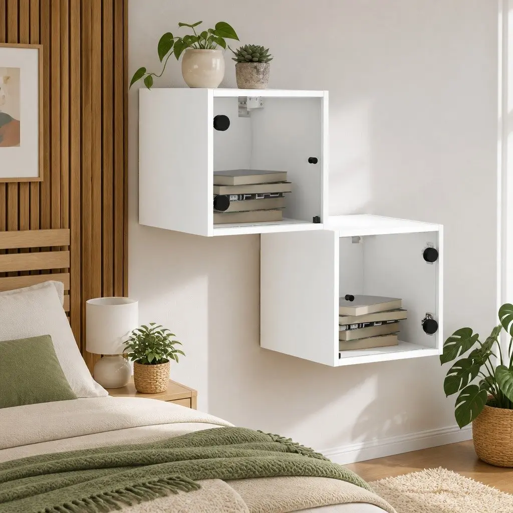 Bedside Cabinet 35x37x35cm Wall-Mounted Storage Organiser White Glass Doors