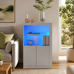Side Cabinet with RGB LED Lights White Engineered Wood Storage with Glass Shelf