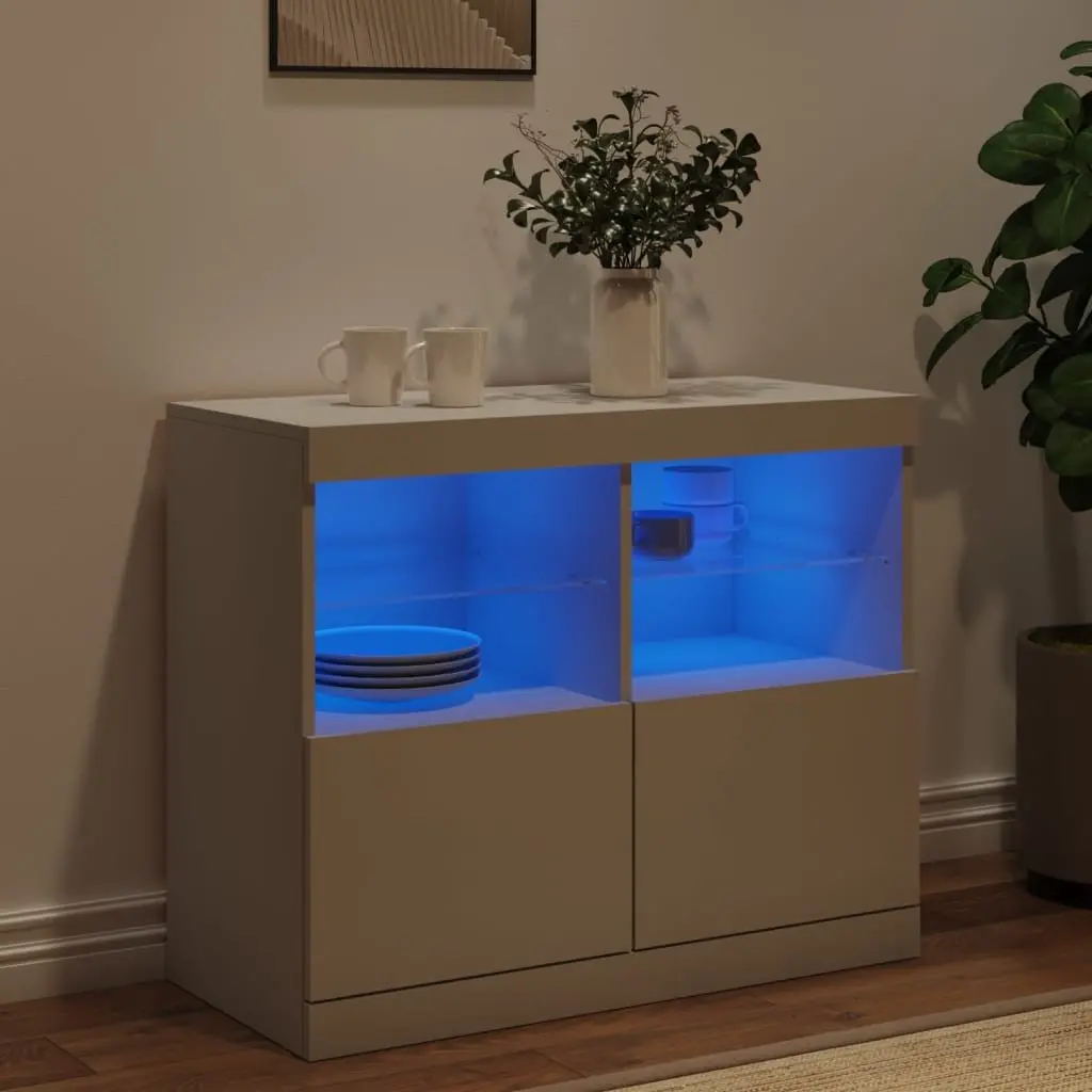 White Sideboard Cabinet 81 x 37 x 67 cm RGB LED Lights Storage Buffet Living Room Furniture