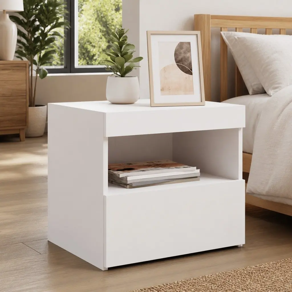 Bedside Table 2 pcs White Modern with RGB LED Lights Storage Cabinet