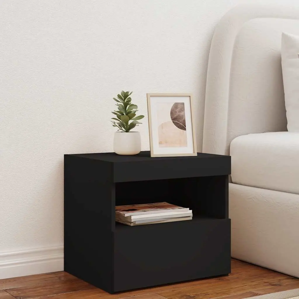 Bedside Cabinet with RGB LED Lights Black Modern Bedroom Side Table Storage
