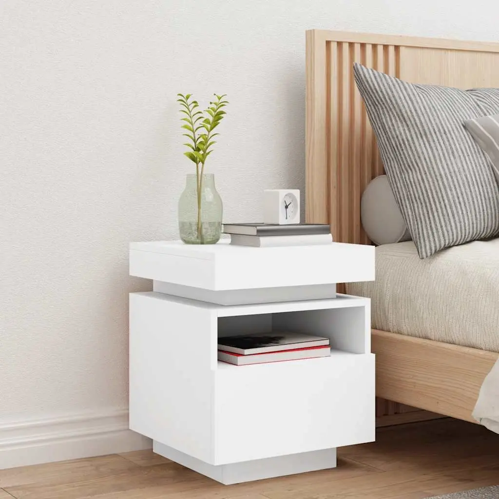 Bedside Cabinet with RGB LED Lights White Storage Nightstand Table Organiser
