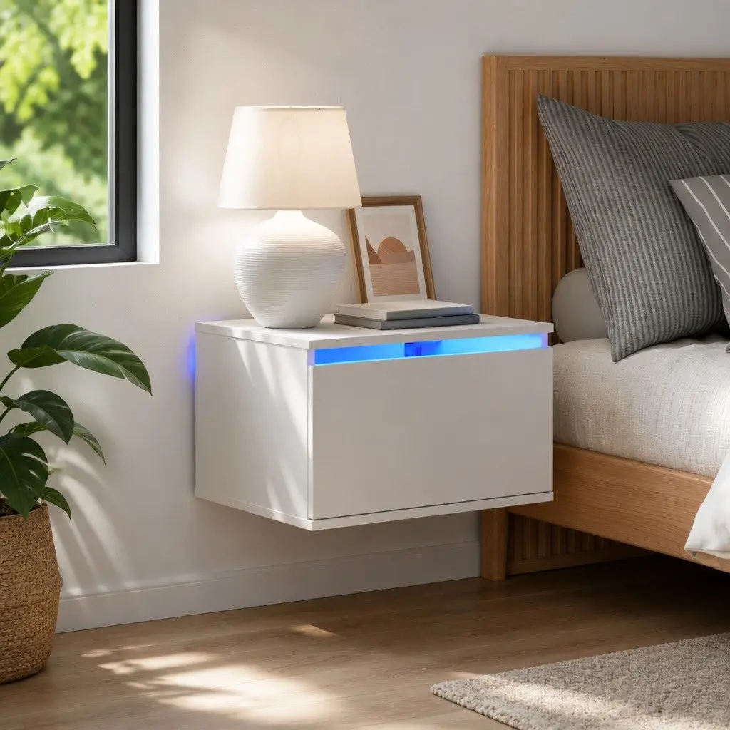 Wall-mounted Bedside Cabinet White with RGB LED Lights