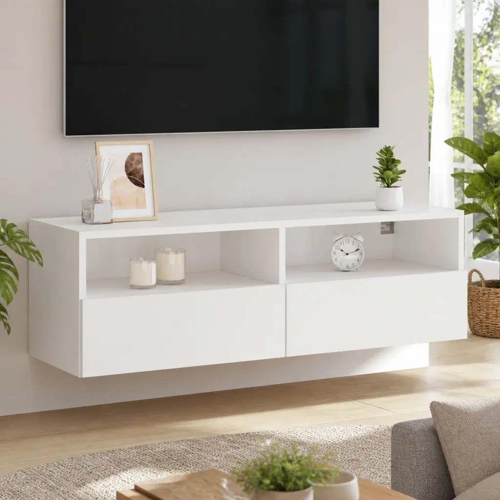 Wall-Mounted TV Cabinet White 2 Shelves 2 Compartments Engineered Wood Storage Unit
