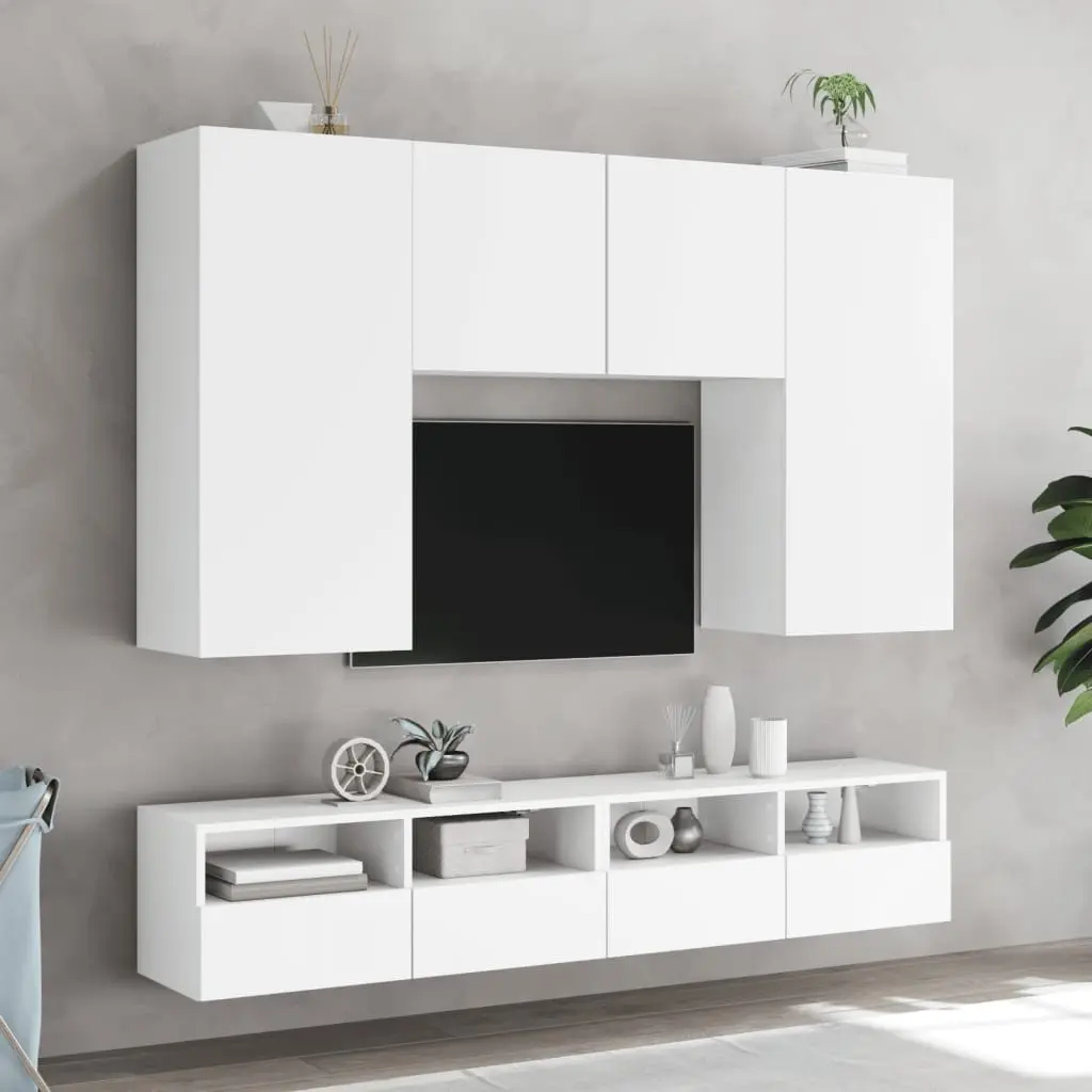 Wall-Mounted TV Cabinet White 2 Shelves 2 Compartments Engineered Wood Storage Unit