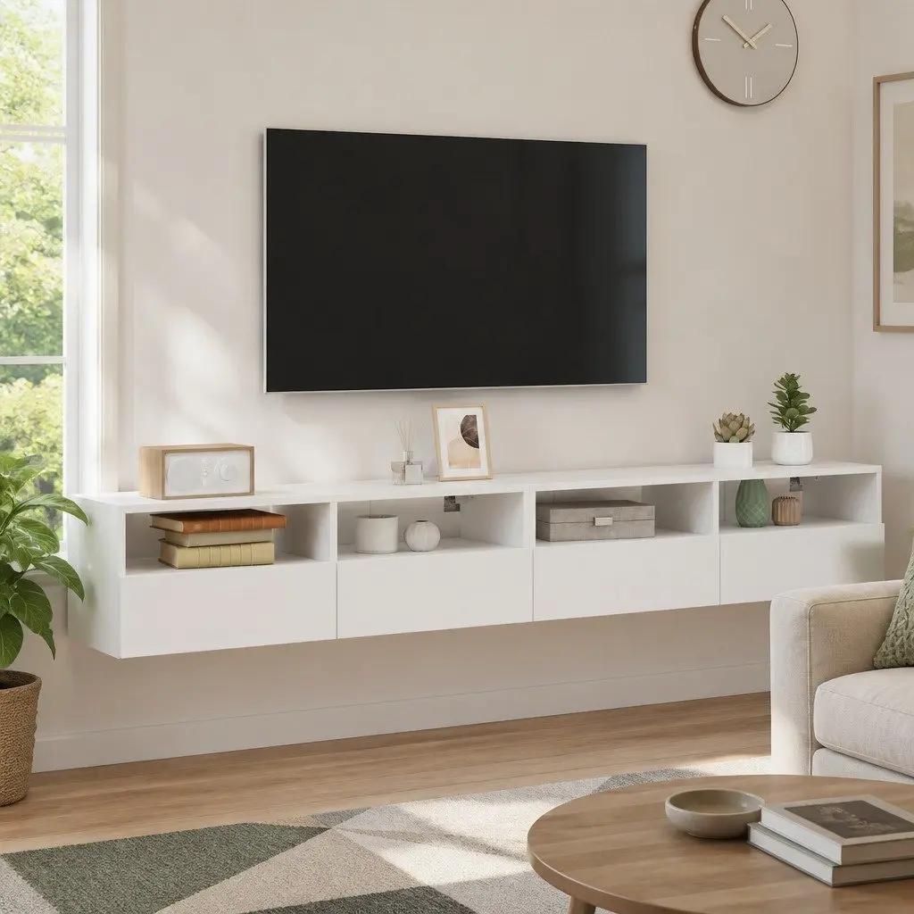 TV Wall Cabinets 2pcs White Floating Media Storage Unit with Shelves and Compartments