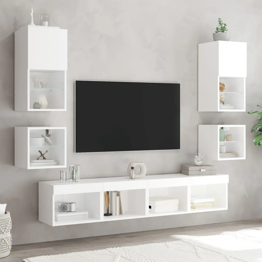 TV Wall Cabinet 30cm White Floating Storage Unit with RGB LED Lights