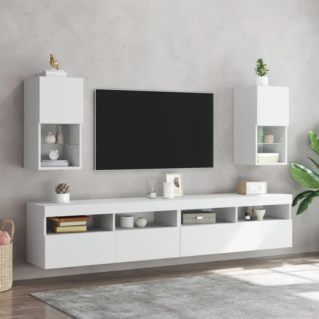 TV Cabinets 30.5 x 30 x 60 cm RGB LED Lights Wall-Mounted Media Storage Units Set of 2 White