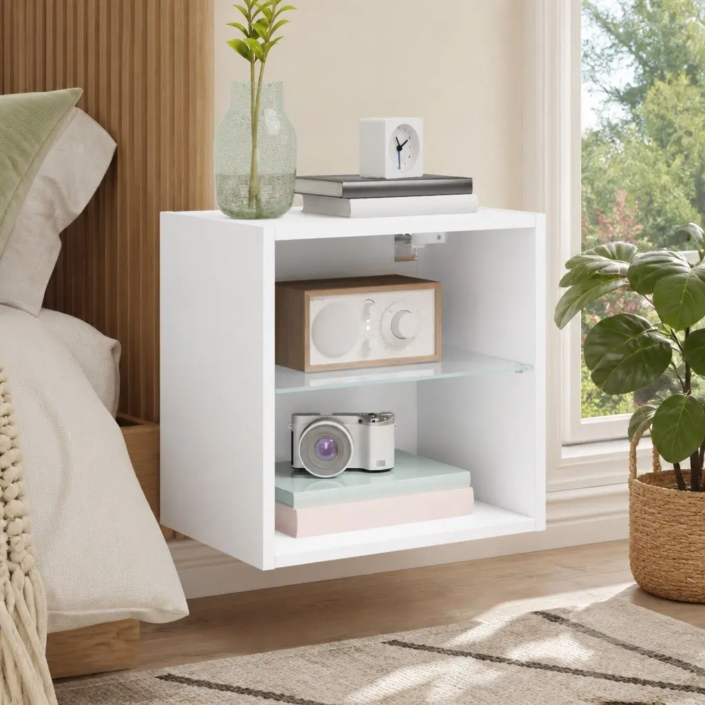 Wall-mounted Bedside Cabinet White with RGB LED Lights and Storage
