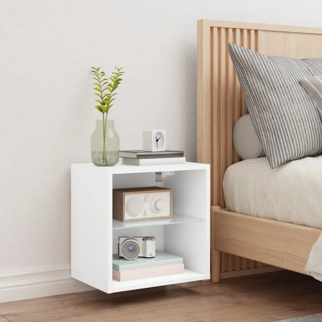 Wall-mounted Bedside Cabinet White with RGB LED Lights and Storage