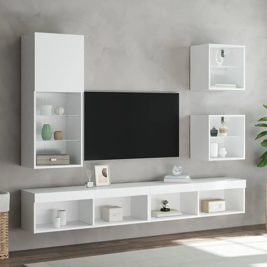 Wall-mounted Bedside Cabinet White with RGB LED Lights and Storage
