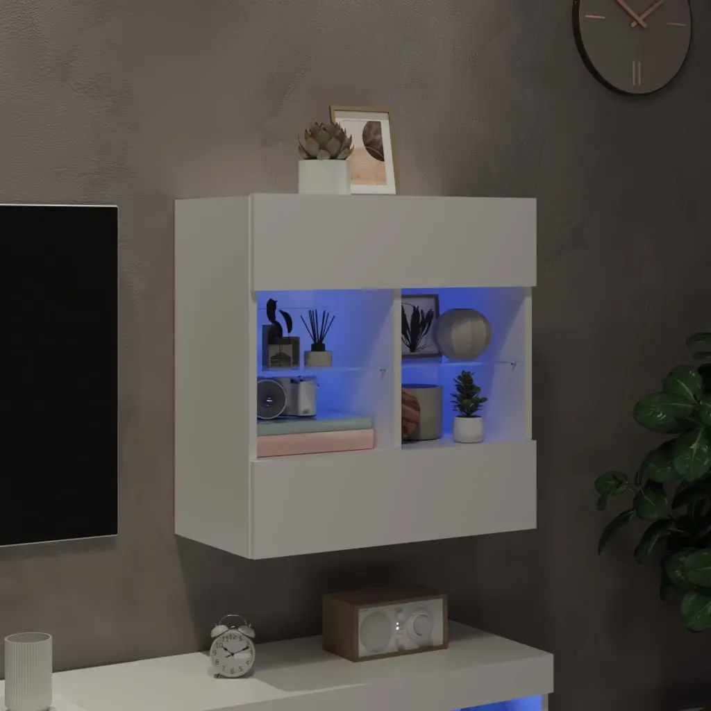 White TV Wall Cabinet Floating Shelves RGB LED Lights Media Unit Storage