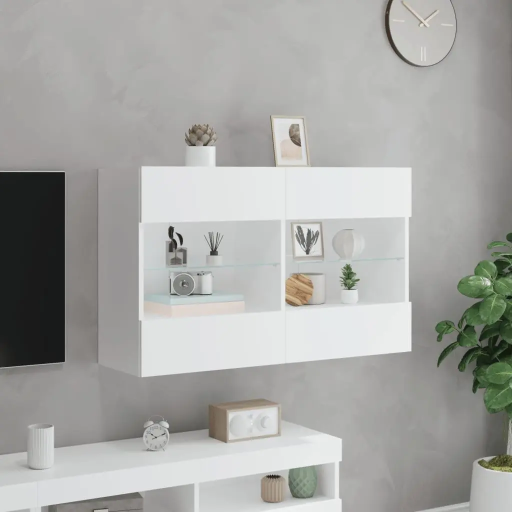 TV Wall Cabinet White RGB LED Lights Floating Shelves Media Storage Unit