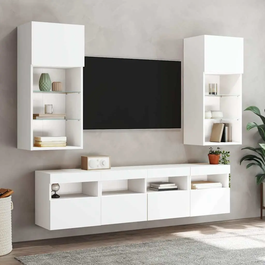 TV Wall Cabinets 2pc White Floating Storage Unit with RGB LED Lights