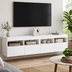 Floating TV Cabinet with RGB LED Lights - White Finish