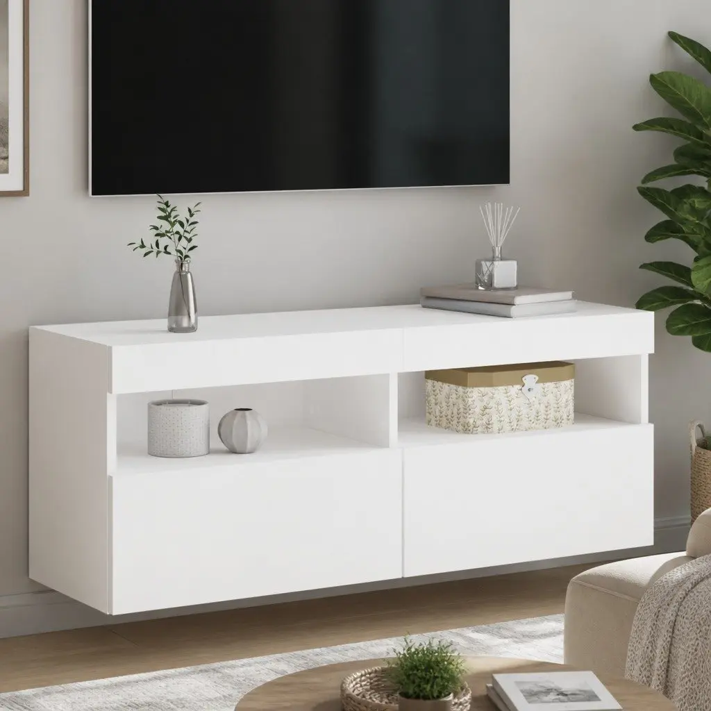 TV Wall Cabinet 100cm White Floating Media Storage Unit with RGB LED Lights