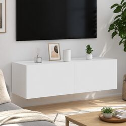 TV Wall Cabinet LED Lights White Wall-Mounted Media Unit Storage Floating