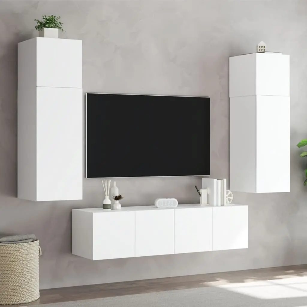 TV Wall Cabinet White Floating Media Console with RGB LED Lights and 2 Storage Compartments