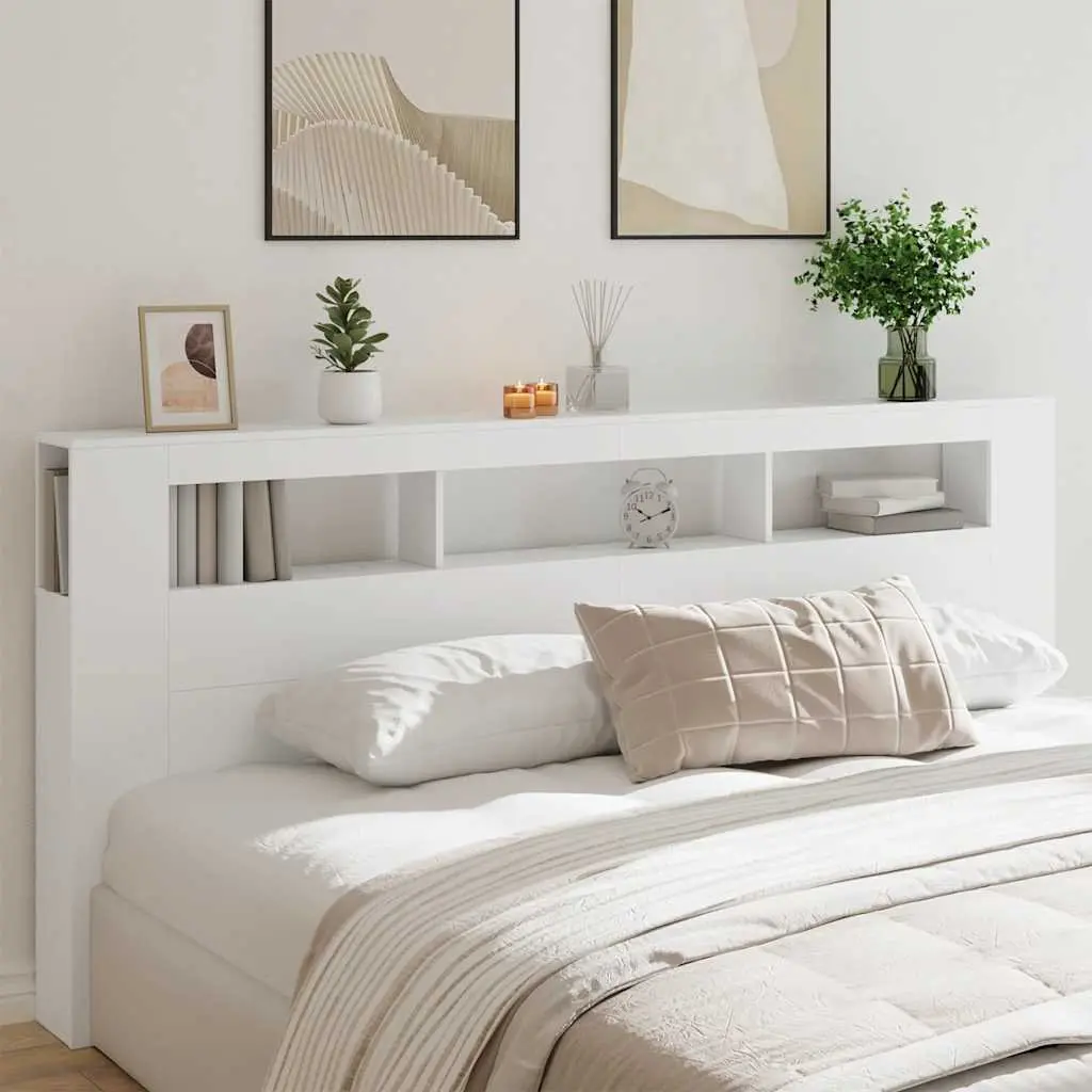 LED Headboard 220 cm White Engineered Wood RGB Lighting Storage