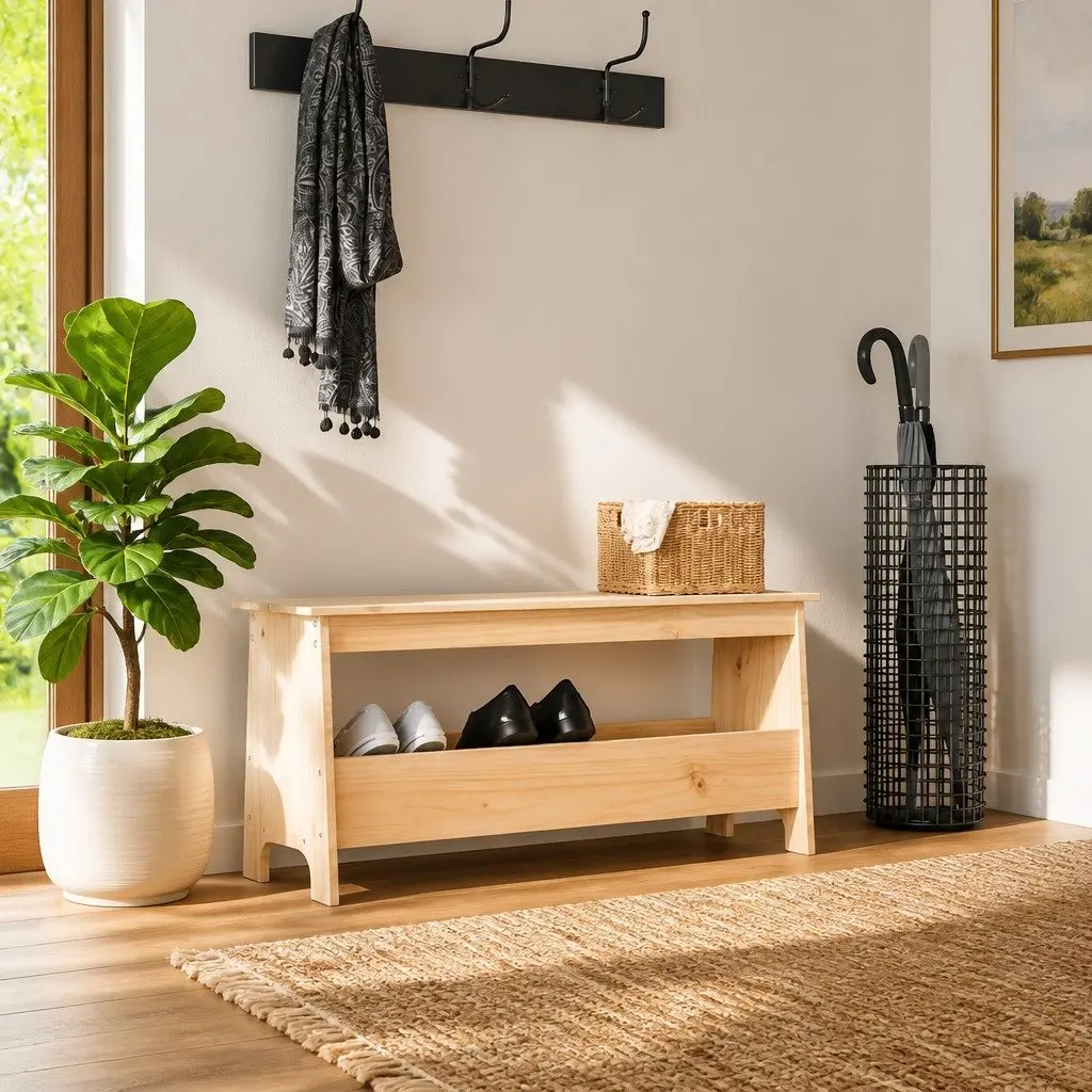 Entryway Bench Storage Solid Pine Wood Brown with Bottom Shelf 100x28x45cm for Organized Hallway Spaces
