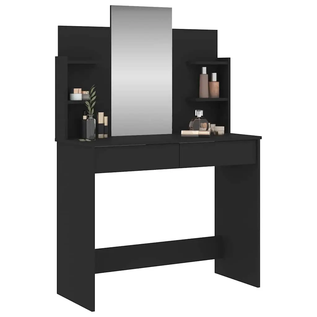 Dressing Table with Mirror Black Engineered Wood 2 Drawers 4 Shelves