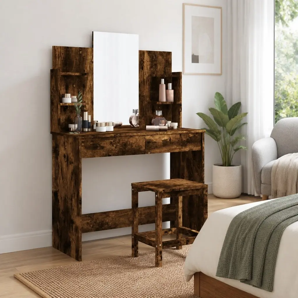 Brown Engineered Wood Dressing Table with Mirror and Storage Drawers for Bedroom Organization