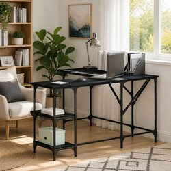 L-Shaped Corner Desk with Shelves Storage Black Office Computer Writing Table
