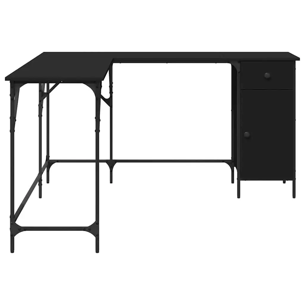 L-Shaped Office Desk Black Engineered Wood Storage Corner Workstation
