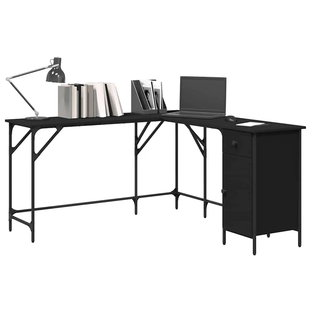 L-Shaped Office Desk Black Engineered Wood Storage Corner Workstation