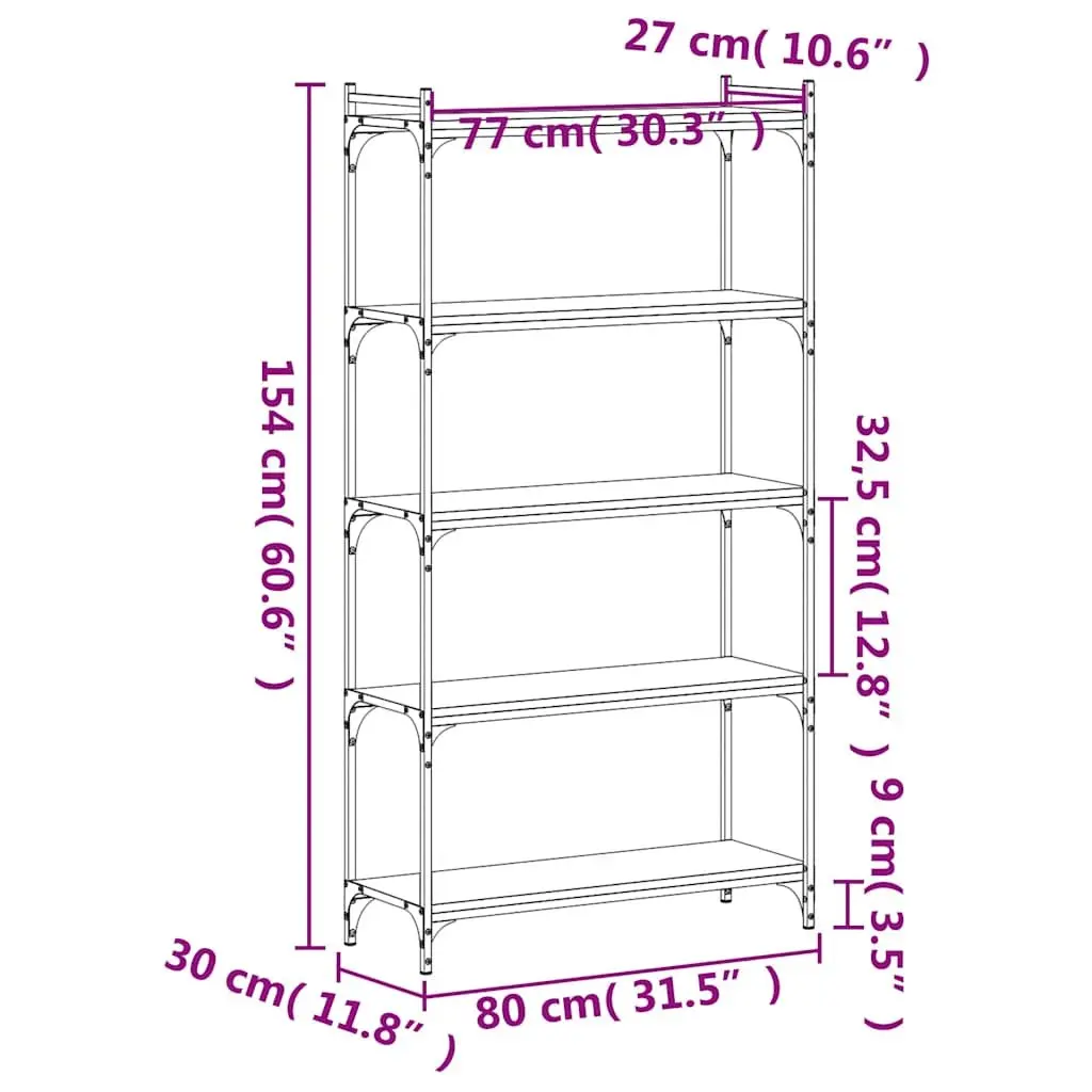 5-Tier Black Bookcase Engineered Wood Storage Organiser Metal Frame