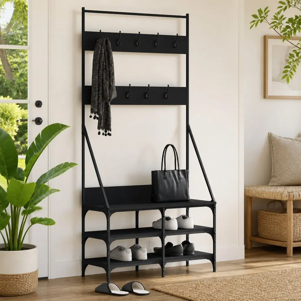 Clothes Rack with Shoe Storage Black Compact Garment Stand Hanger