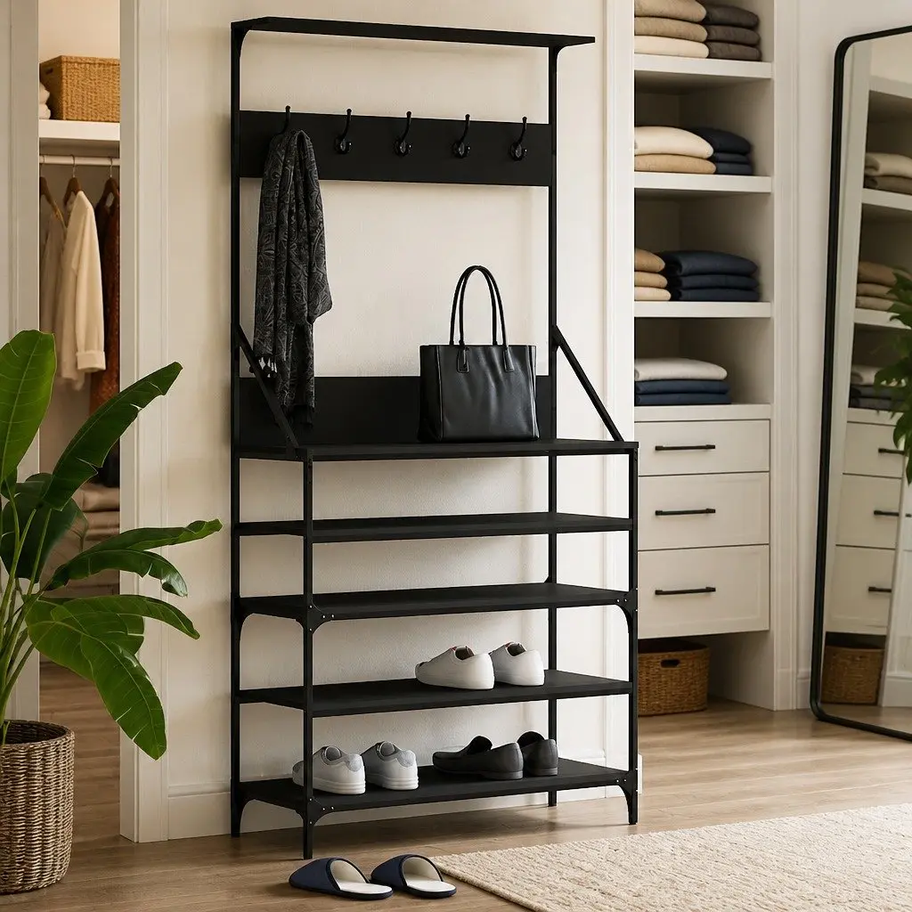 Clothes Rack with Shoe Storage Compact Black Engineered Wood Garment Stand