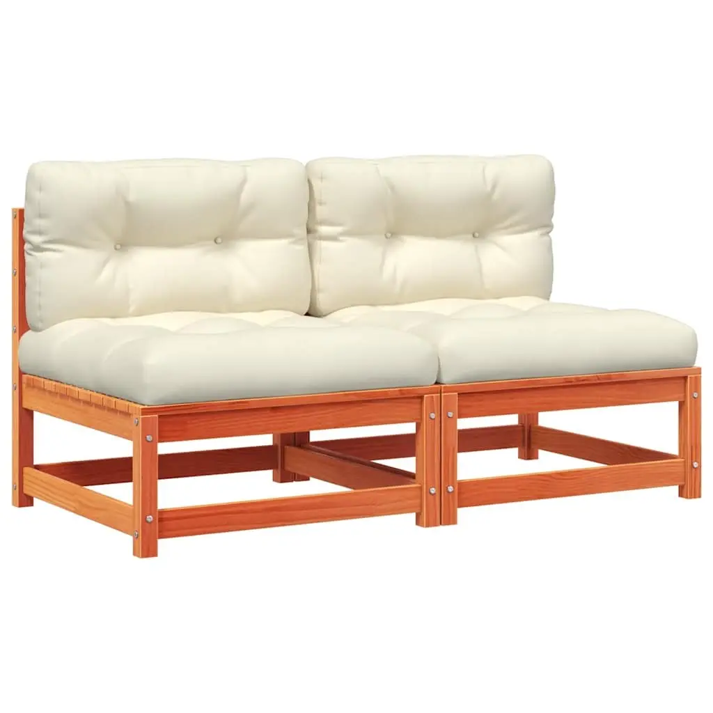 Armless Garden Sofa 2 pcs with Cushions Brown Solid Pine Wood Patio Seating